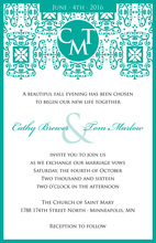 Wrought Pattern Teal Monogram Wedding Invitations