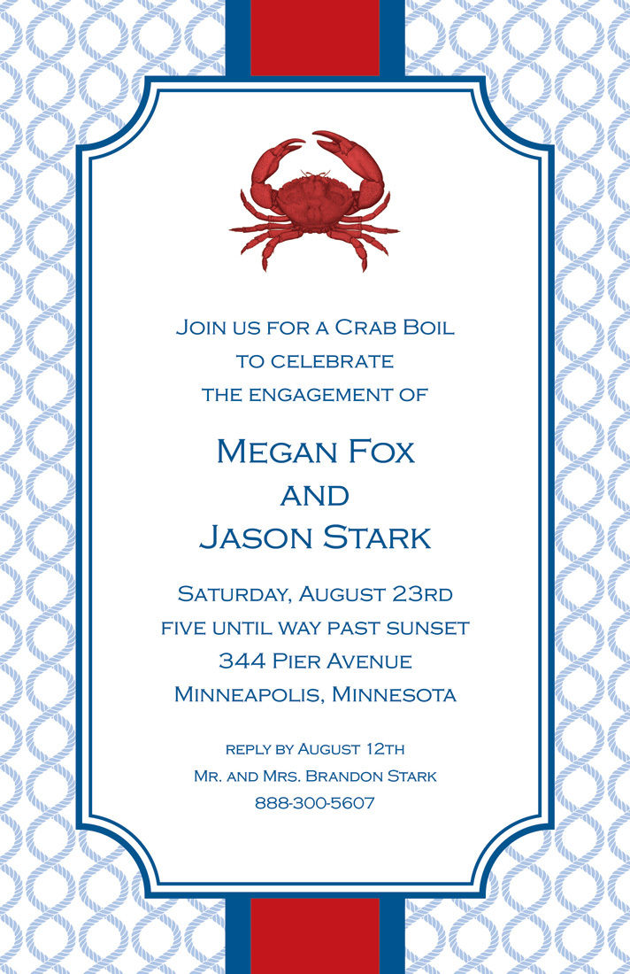 Crab Illustration Blue Links Red Banded Invitations