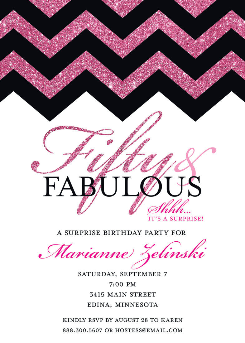 Fabulous Hot Pink Glitter Chevron Fifty Invitations