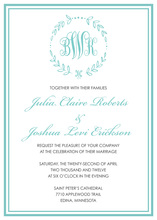 Whimsical Laurel Leaf Monogram Turquoise Invitations