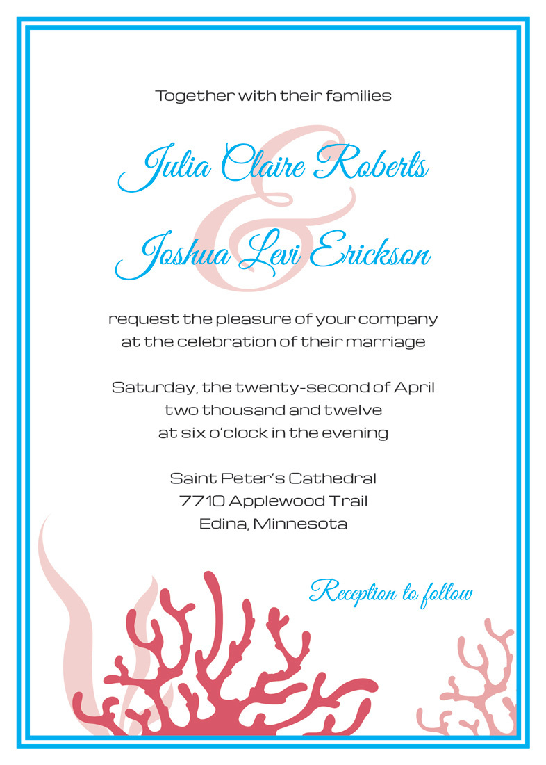 Cyan Red Coral Beach Wedding Invitations