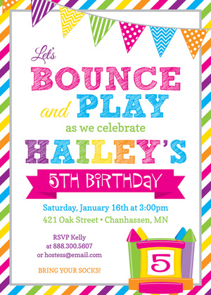 Bright Stripes Bounce House Photo Birthday Invitations