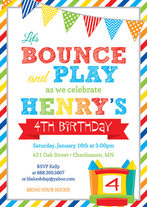 Bright Stripes Bounce House Birthday Party Invitations