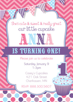 Purple Cupcake Pink Chevrons Photo Birthday Invitation