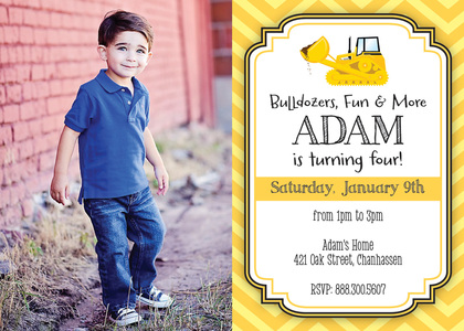 Yellow Bulldozer Chevrons Boy Birthday Invitations