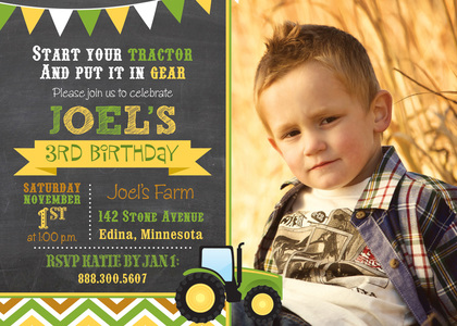 Blue Tractor Chevrons Photo Birthday Invitations