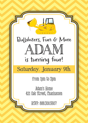 Yellow Bulldozer Chevrons Photo Birthday Invitations