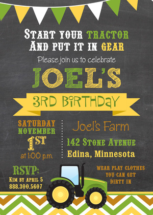 Green Tractor Chevrons Photo Birthday Invitations