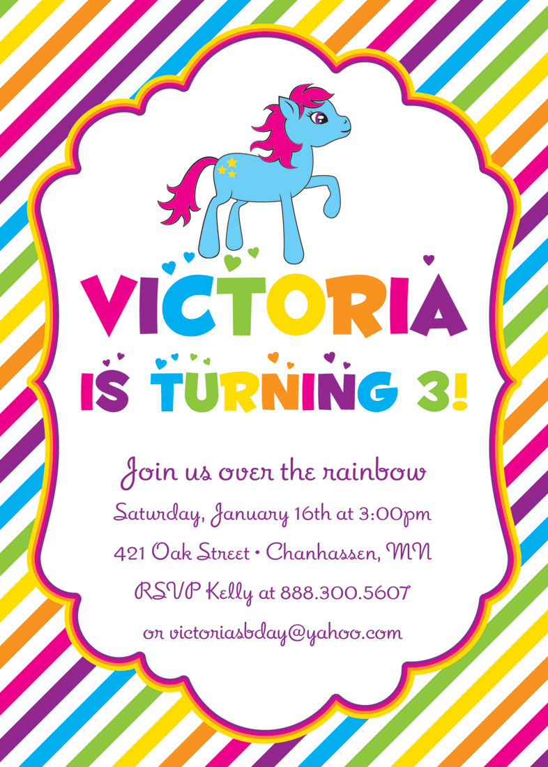Bright Rainbow Stripes Pony Birthday Party Invitations