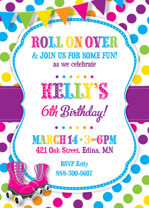 Pink Skates Rainbow Dots Photo Birthday Invitations