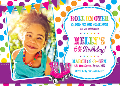 Pink Skates Rainbow Dots Birthday Party Invitations