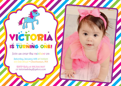 Bright Rainbow Stripes Pony Birthday Party Invitations