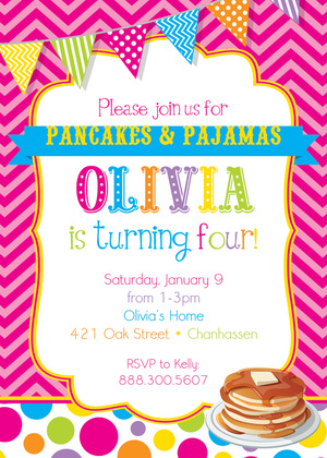 Bright Pancakes Pajamas Chalkboard Birthday Invitations