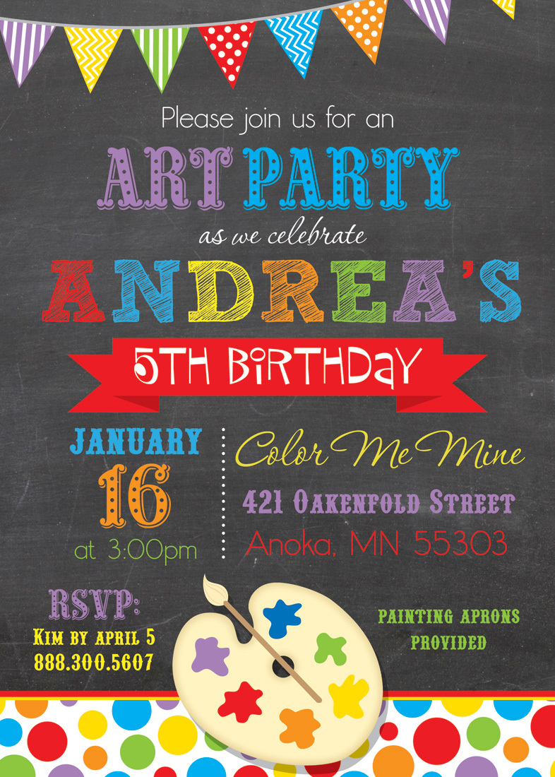 Colorful Paint Pallet Chalkboard Birthday Invitations