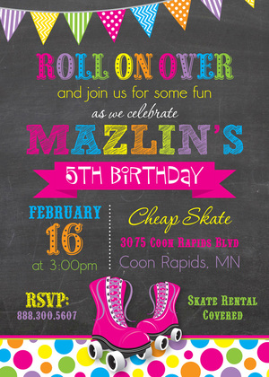 Aqua Roller Skates Chalkboard Birthday Invitations