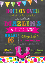 Pink Roller Skates Chalkboard Birthday Invitations
