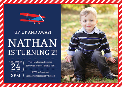 Red Blue Biplane Photo Birthday Party Invitations