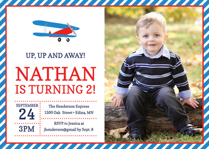 Red Navy Biplane Photo Birthday Party Invitations