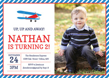 Red Blue Biplane Photo Birthday Party Invitations