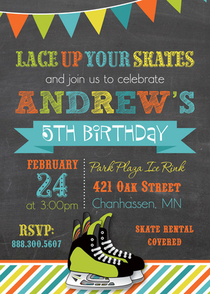 Orange Hockey Skates Chalkboard Birthday Invitations