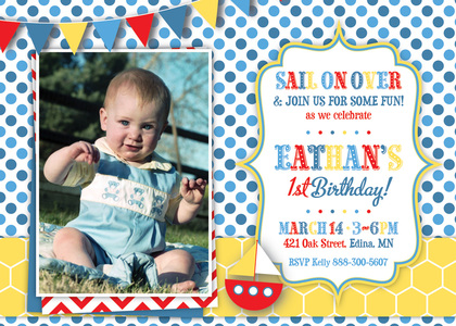 Sail Boat Red Chevron Photo Birthday Party Invitations