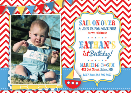 Sail Boat Blue Dots and Yellow Hexagon Photo Invites