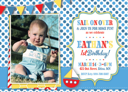 Sail Boat Red Chevron Photo Birthday Party Invitations