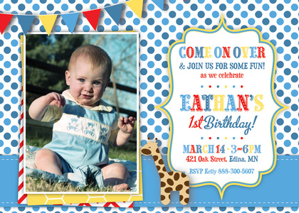 Giraffe Red Chevron Photo Birthday Party Invitations