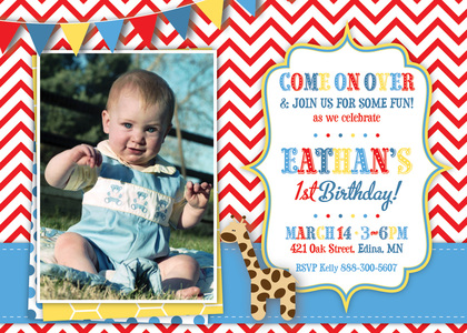 Giraffe Blue Polka Dots Photo Birthday Invitations