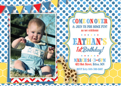 Giraffe Red Chevron Photo Birthday Party Invitations