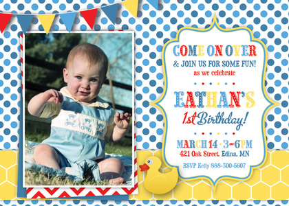 Rubber Ducky Blue Polka Dots Photo Birthday Invitation