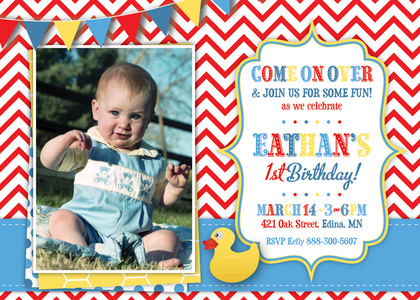 Rubber Ducky Blue Polka Dots Photo Birthday Invitation