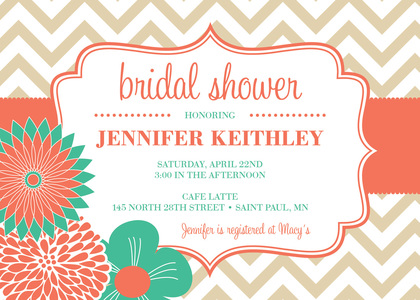 Modern Pink Orange Flowers Chevron Invitations