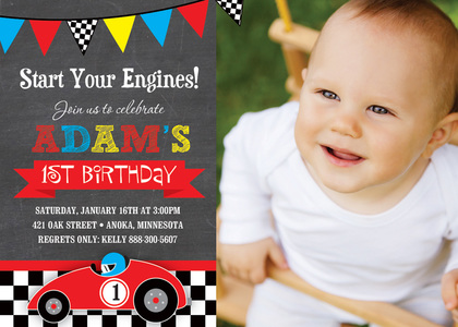 Red Race Car Chalkboard Birthday Party Invitations