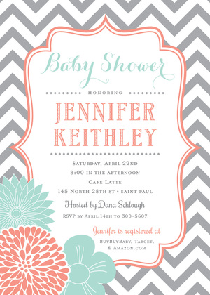 Teal Floral Coral Frame Grey Fill-in Invitations