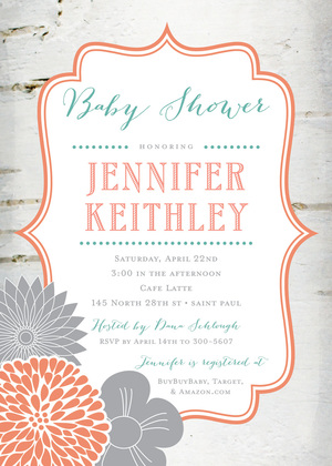 Orange Teal Coral Flowers Rustic Wood Invitations