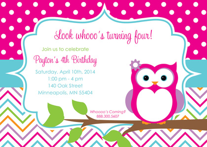 Cute Owl with Birch Chevron Birthday Party Invitations