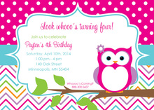 Cute Owl with Dots and Chevron Birthday Invitations