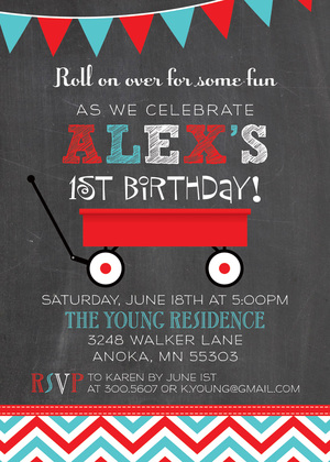 Little Red Wagon In White Birthday Invitations