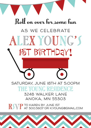 Little Red Wagon Chalkboard Birthday Party Invitations