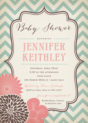 Mint Coral Flowers with Grey Chevron Invitations