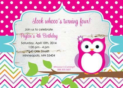 Cute Owl with Dots and Chevron Birthday Invitations