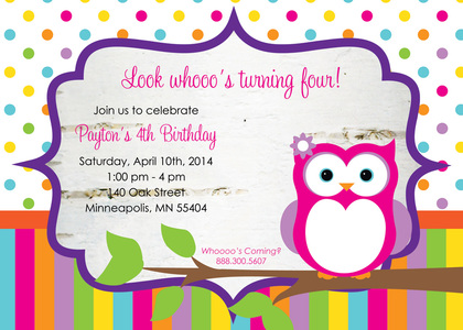 Cute Owl with Dots and Stripes Birthday Invitations