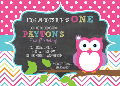 Cute Owl with Birch Chevron Birthday Party Invitations