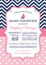 Navy Chevrons Pink Polka Dots Sailboat Invitation