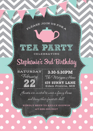 Grey Chevrons Purple Polka Dots Tea Chalkboard Invites