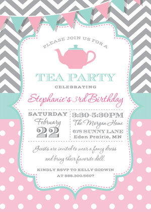 Pink Aqua Grey Tea Party Polka Dots Fill in Invitations