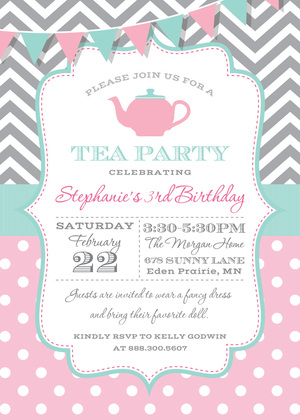 Grey Chevrons Purple Polka Dots Tea Chalkboard Invites