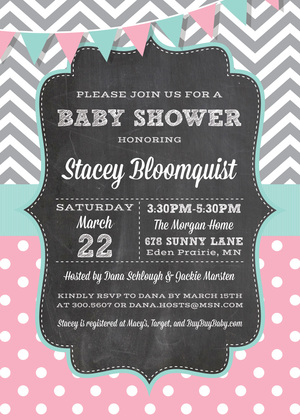 Grey Chevrons Coral Polka Dots Baby Shower Invitations