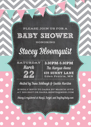 Grey Chevrons Polka Dots Pink Chalkboard Invitations